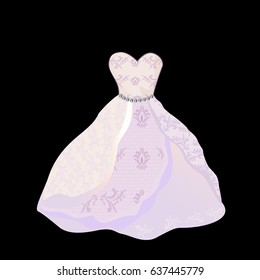 Wedding dress . Flat design. Elegant white dress for bride hanging on hanger. Preparing to marriage ceremony. For wedding clothes shop, holiday planning companies ad