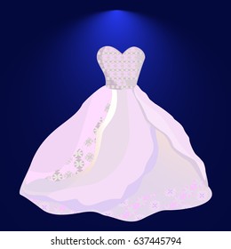 Wedding dress . Flat design. Elegant white dress for bride hanging on hanger. Preparing to marriage ceremony. For wedding clothes shop, holiday planning companies ad