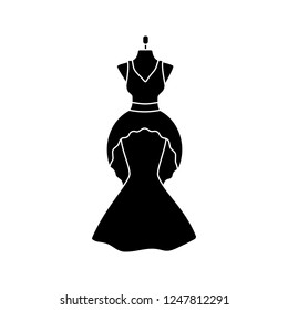 Wedding dress glyph icon. Bridal gown atelier. Wedding salon. Dress on mannequin. Silhouette symbol. Negative space. Vector isolated illustration