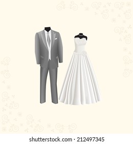 wedding dress and gray men's suit on a beige background