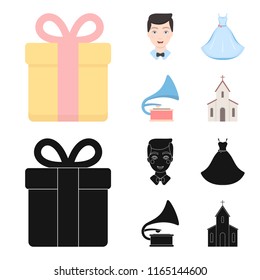 Wedding dress, groom, gramophone, church. Wedding set collection icons in cartoon,black style vector symbol stock illustration web.