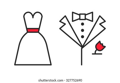 Wedding dress and groom's suit, outline icons