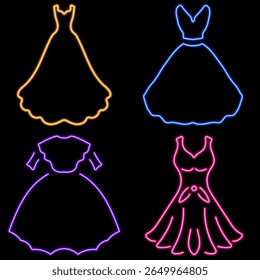 wedding dress group of neon icons, vector illustration on black background.