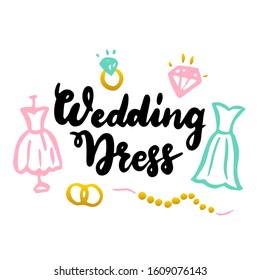 Wedding Dress Handwritten Postcard. Vector Illustration of Greeting Card Design.
