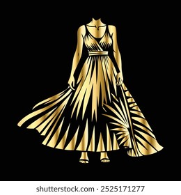 Wedding dress icon. Gold wedding dress vector icon isolated on black background