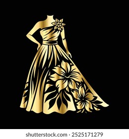 Wedding dress icon. Gold wedding dress vector icon isolated on black background