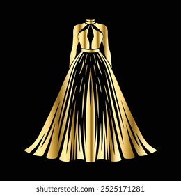 Wedding dress icon. Gold wedding dress vector icon isolated on black background