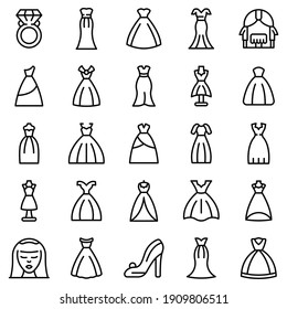 Iconos de vestimenta de bodas. Conjunto de esquemas de iconos vectoriales de vestido de boda para el diseño web aislado en fondo blanco