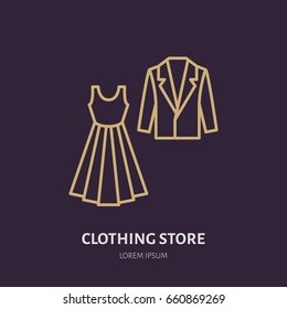 Wedding dress, men suit icon, clothing shop line logo. Flat sign for apparel collection. Logotype for laundry, dry cleaning.