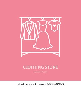 Wedding dress, men suit, kids clothes on hanger icon, clothing shop line logo. Flat sign for apparel collection. Logotype for laundry, dry cleaning.
