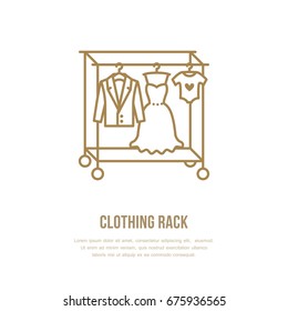 Wedding dress, men suit, kids clothes on hanger icon, clothing rack line logo. Flat sign for apparel collection. Logotype for laundry shop, dry cleaning, retail store.