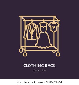 Wedding dress, men suit, kids clothes on hanger icon, clothing rack line logo. Flat sign for apparel collection. Logotype for laundry shop, dry cleaning, retail store.