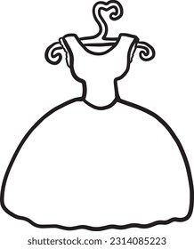 Wedding dress on a hanger outline. Hand drawn vector doodle of a wedding white dress on a hanger in minimalist linear vector style. Design for a pretty wedding greeting cards, invitations, map