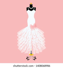 Wedding dress on mannequin isolated on pink background. Wedding dress design.