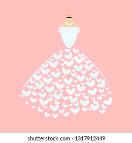 Wedding dress on mannequin. Vector of ball gown. Illustration isolated on pink background.