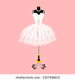 Wedding dress on mannequin. Vector of dress on mannequin. Illustration on pink background.