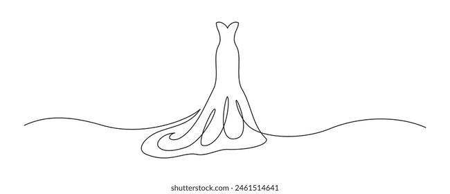 Wedding dress in one continuous line drawing. Fashion clothes symbol for bridal shop and invitation design in simple linear style. Editable stroke. Doodle elegance vector illustration