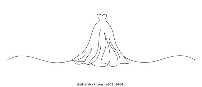 Wedding dress in one continuous line drawing. Fashion clothes symbol for bridal shop and invitation design in simple linear style. Editable stroke. Doodle contour vector illustration