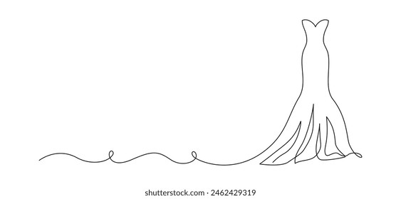 Wedding dress in one continuous line drawing. Fashion clothes symbol for bridal shop and invitation design in simple linear style. Editable stroke. Doodle vector illustration