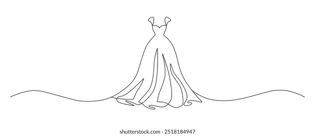 Wedding dress in one continuous line drawing. Fashion clothes symbol for bridal shop and invitation design in simple linear style. Editable stroke. Doodle contour vector illustration