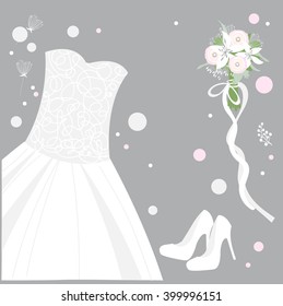 
Wedding dress, shoes, bouquet. The bride's attire. Vector illustration. 
