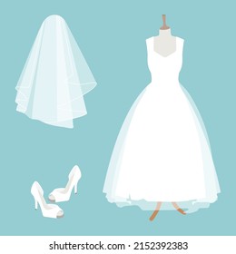 Wedding dress and shoes design. White wedding dress on mannequin isolated. Vector 