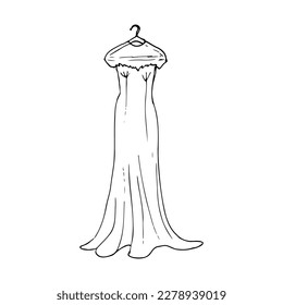 wedding dress with short sleeves with Godet style hanging on a hanger - hand drawn doodle. bride's dress on a hanger vector sketch