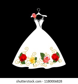 Wedding dress silhouette with beautiful flowers and shiny. Vector illustration.
