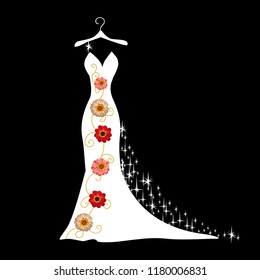 Wedding dress silhouette with beautiful flowers and shiny. Vector illustration.