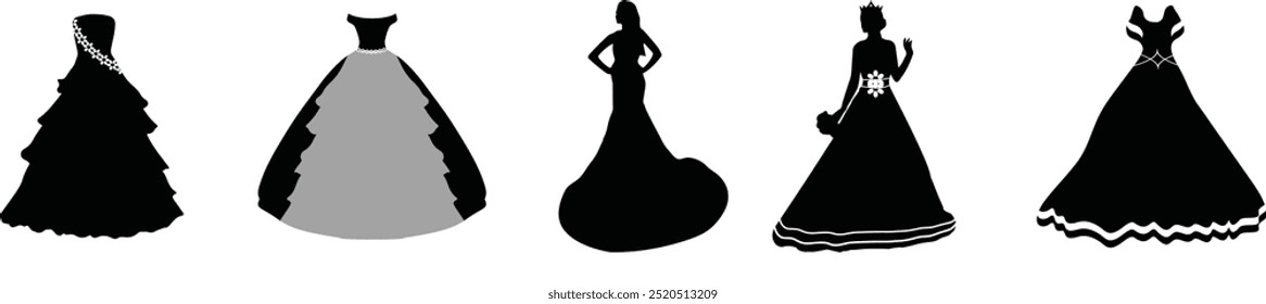 Vector de silueta de vestido de novia, perfecto para diseños de moda nupcial, invitaciones y marca de boda