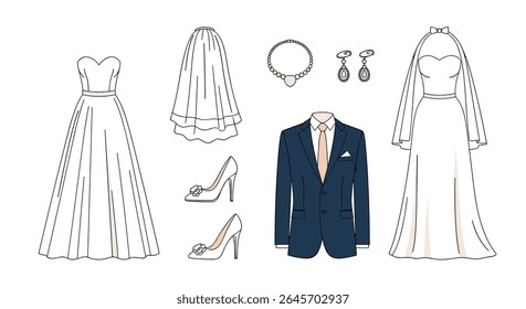 Wedding Dress and Suit Flat Lay Set Collection with Accessories