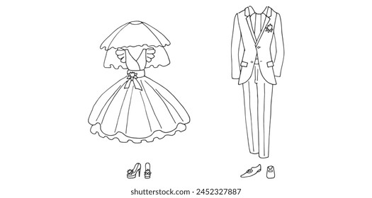 Wedding Dress And Suit Hand Drawn Collection Vector Illustration.	