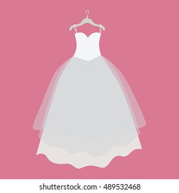 Wedding dress vector. Flat design. Elegant white dress for bride hanging on hanger. Preparing to marriage ceremony. For wedding clothes shop, holiday planning companies ad