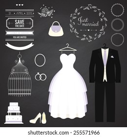 Wedding dresse and groom suit with different accsessories and attributes. Vector illustration. Modern style