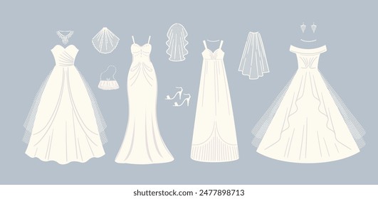 Vestidos de novia y accesorios. Ilustración aislada de Vector. Elemento de diseño para concepto de boda y otros usos