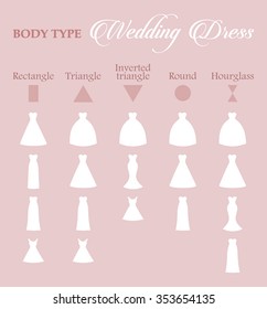 Wedding dresses collection in different female body type. Set of fashion figure bride dress in modern style, silhouette design. Bridal shower composition, vector art image, isolated on pink background