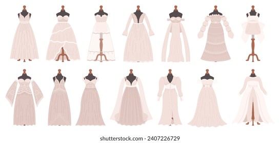 Wedding Dresses Collection Epitomizes Timeless Charm. From Ethereal Lace To Sleek Silhouettes, Each Gown Embodies The Romance And Sophistication For the Special Day. Cartoon Vector Illustration, Set