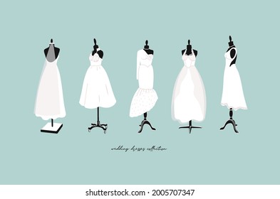 Wedding dresses collection of illustration. Bride's clothes for ceremony, marriage celebration, party dress. Bridal wedding store, boutique, business, invitation, sale, showcase, mannequin, model.
