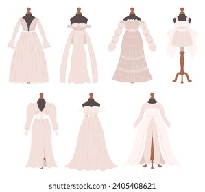 Wedding Dresses Collection, Showcasing Elegant Timeless Designs, Intricate Lacework And Flowing Silhouettes. Each Gown Captures The Essence Of Romance For Bride Style. Cartoon Vector Illustration