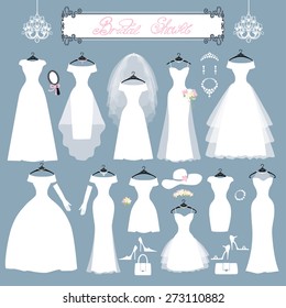 Wedding dresses in Different styles.Fashion bride Dress made in modern style.White dress ,accessories set ,silhouette.Holiday vector background.Bridal shower composition