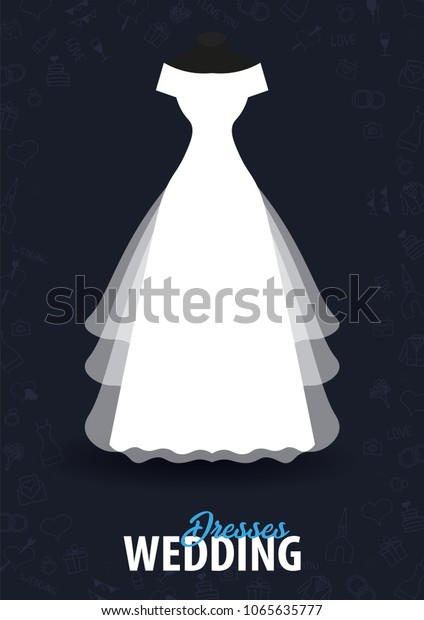 Wedding Dresses. Flat\
Wedding agency banner with hand draw doodle on a background. Vector\
illustration