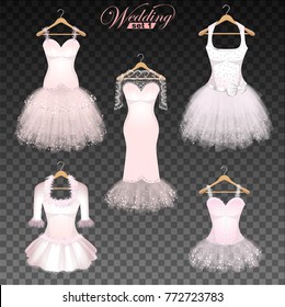 Wedding dresses on a hanger on transparent background