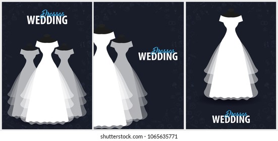 Wedding Dresses. Set of Flat Wedding agency banners with hand draw doodle on a background. Vector illustration