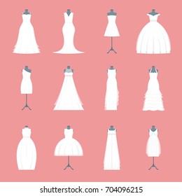 Wedding Dresses Set on Mannequin Marriage Romantic Fashion Design for Ceremony Pink Background . Vector illustration for Wedding Shop and Boutique with Dress Sign