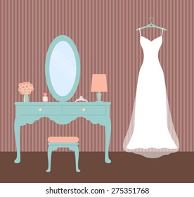 Wedding dress.Vintage dressing table.flat vector illustration