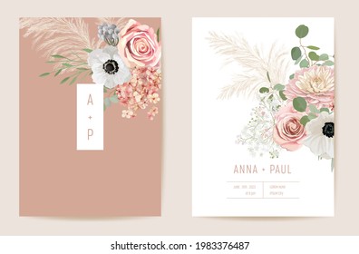 Anémona seca de bodas, pasto de pampas, rosas florales Save the Date set. Flores secas de verano vectores tarjeta de invitación boho. Marco de plantilla de resorte acuarela, cubierta vegetal, diseño de fondo moderno