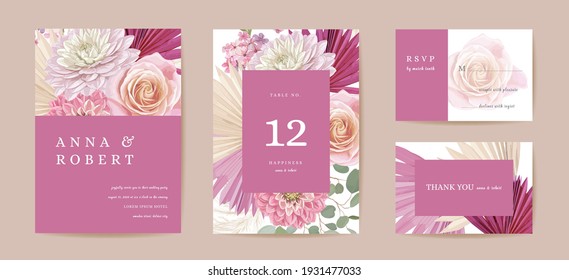 Wedding dried dahlia, rose, pampas grass floral Save the Date set. Vector exotic dry flower, palm leaves boho invitation card. Watercolor template frame, foliage cover, modern background design