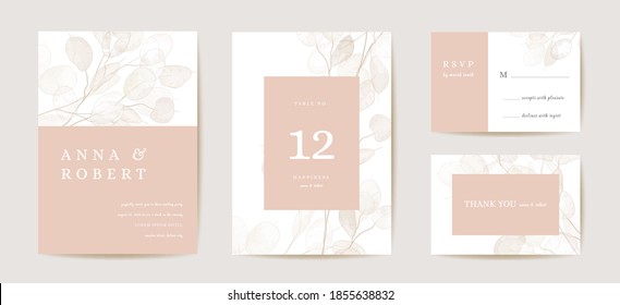 Wedding dried honesty flower invitation card, vintage botanical Save the Date set. Design template of dry flowers and leaves, blossom illustration. Vector trendy cover, pastel graphic poster, brochure