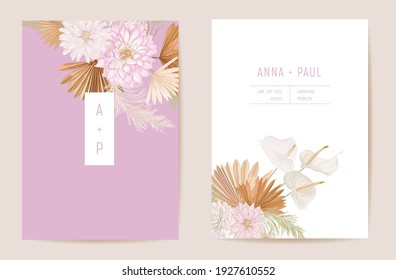 Wedding dried lunaria, dalia, pampas grass floral Save the Date set. Vector exotic dry flower, palm leaves boho invitation card. Watercolor template frame, foliage cover, modern background design
