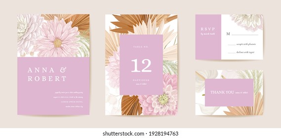 Wedding dried lunaria, dalia, pampas grass floral Save the Date set. Vector exotic dry flower, palm leaves boho invitation card. Watercolor template frame, foliage cover, modern background design